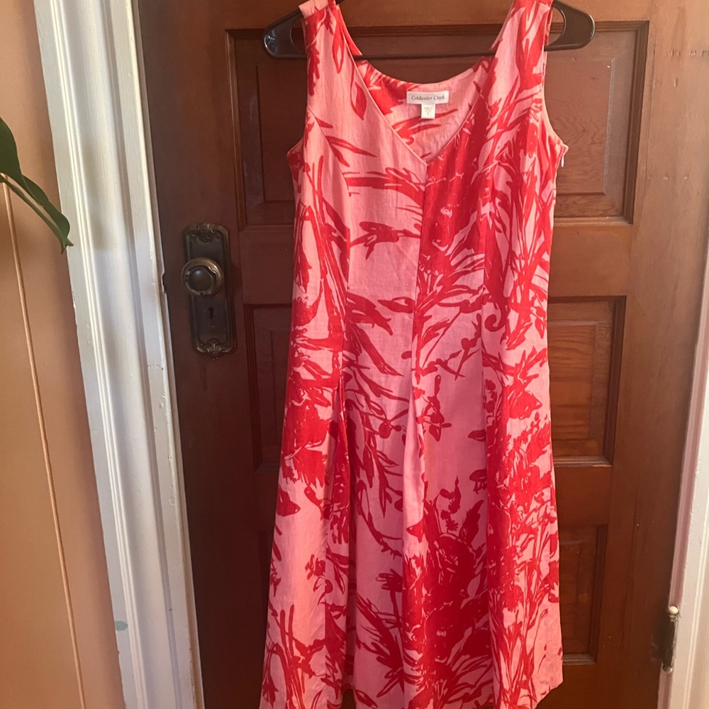 Coldwater Creek Linen Pink & Red Sleeveless pleated fit and flair v neck dress